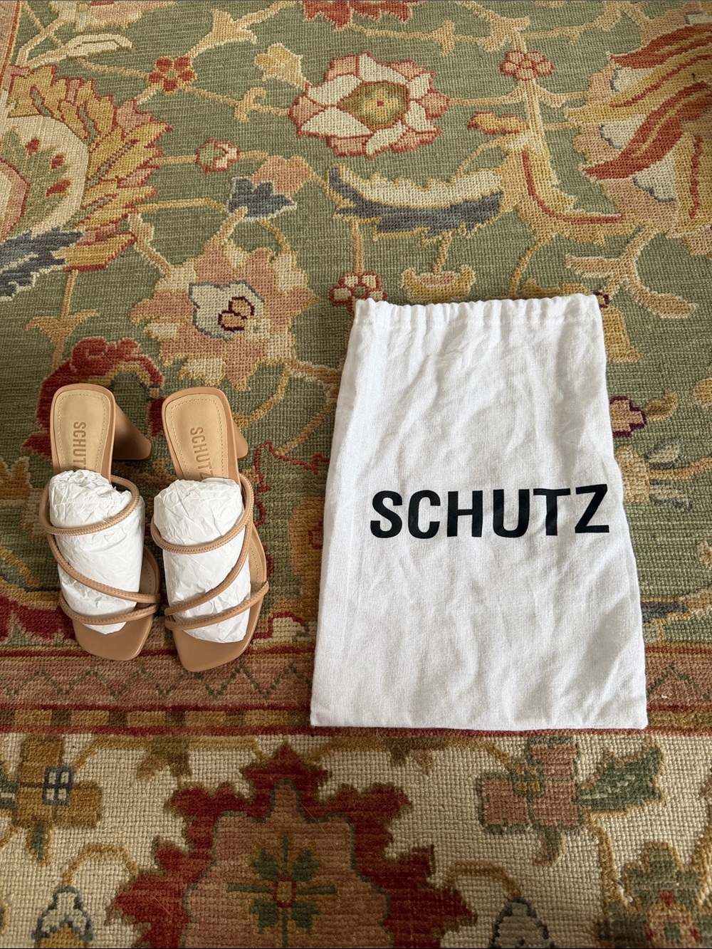 SCHUTZ Tan Strappy Slide Heels with White Dust Bag